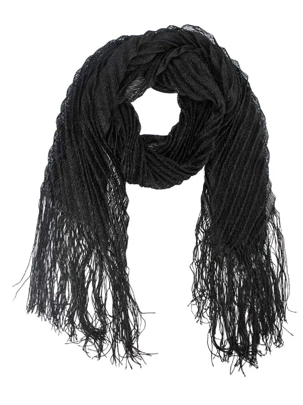 Metallic Pleated Long Fringed Scarf